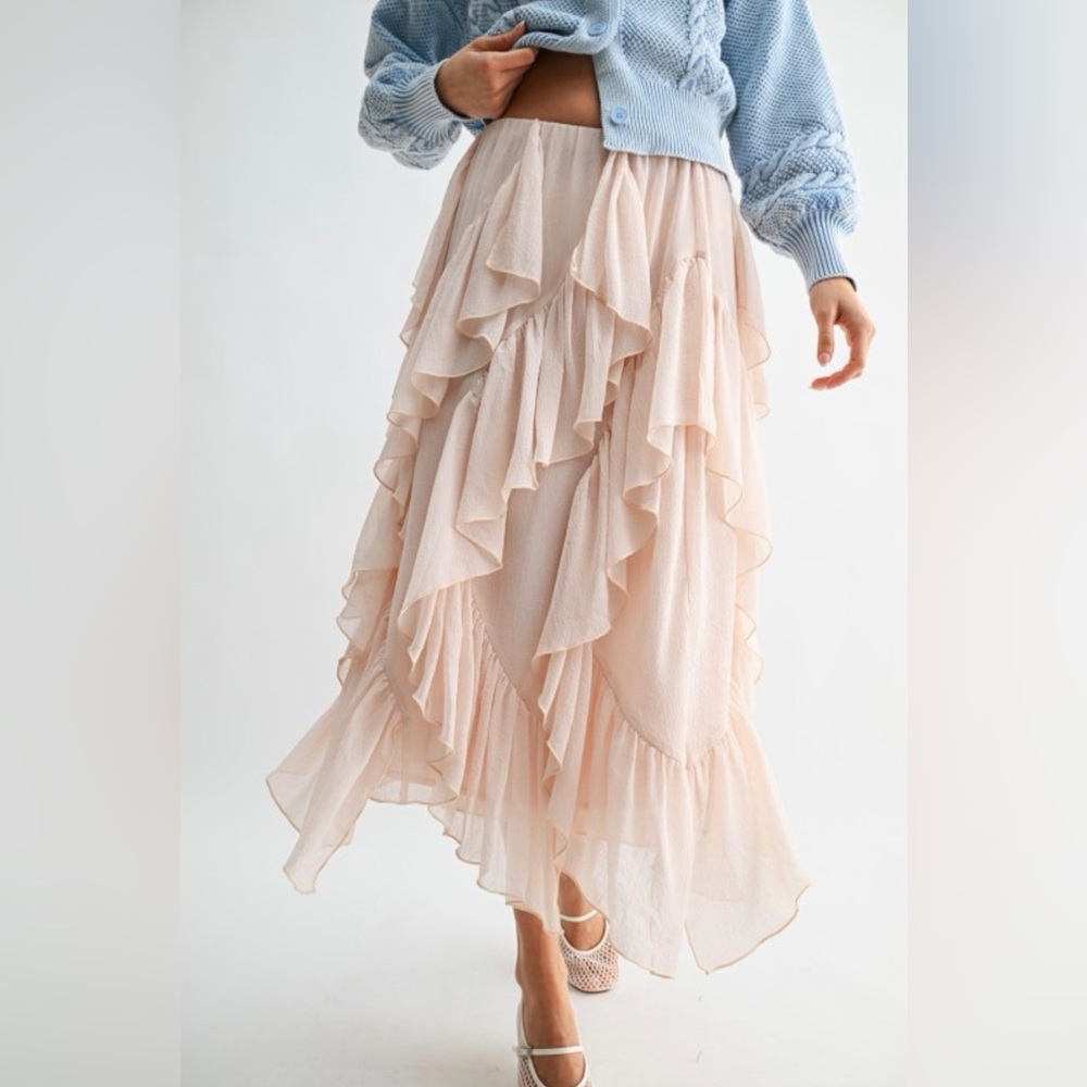 Tiered Ruffle Asymmetrical Maxi Skirt - Blush Pink